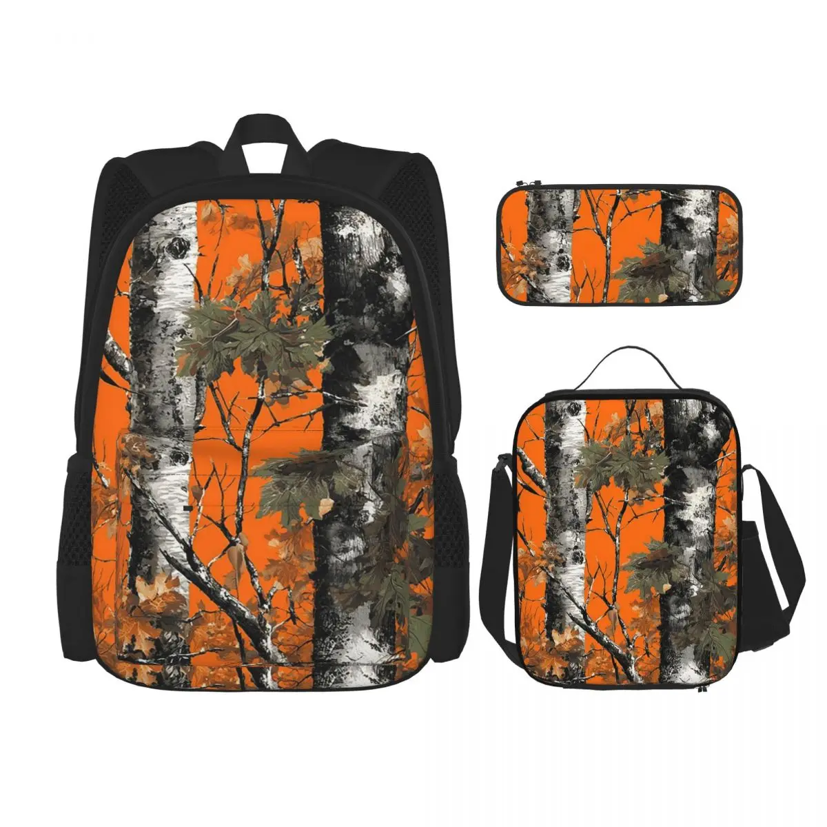 

Orange Autumn Camouflage Nature Forest Pattern Backpacks Children Bookbag School Bags Rucksack Lunch Bag Pen Bag Three-Piece Set