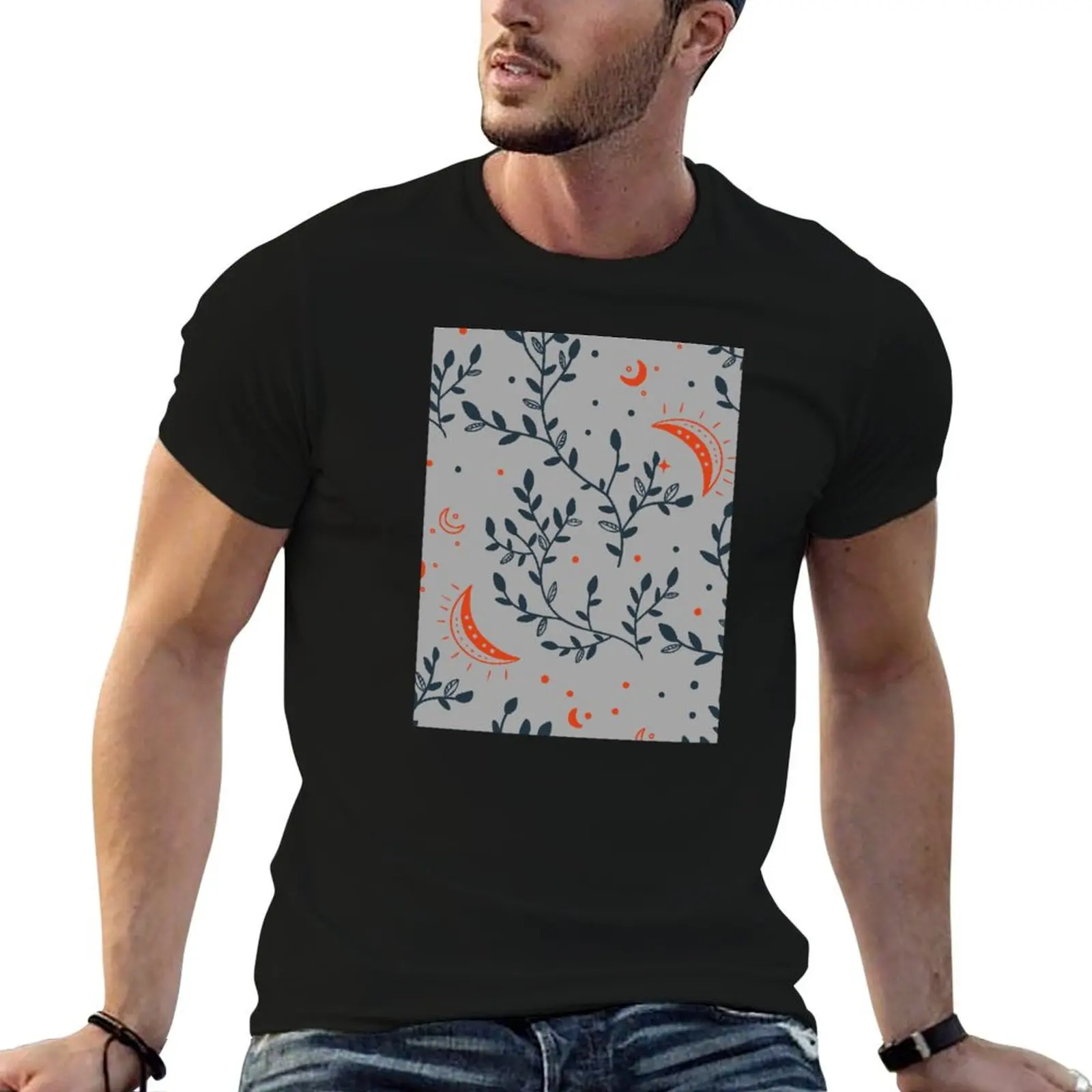 

Blue Leaves + Moon Detail Pattern T-Shirt man t shirt heavy cotton t shirt man plain mens graphic t shirts T-shirt