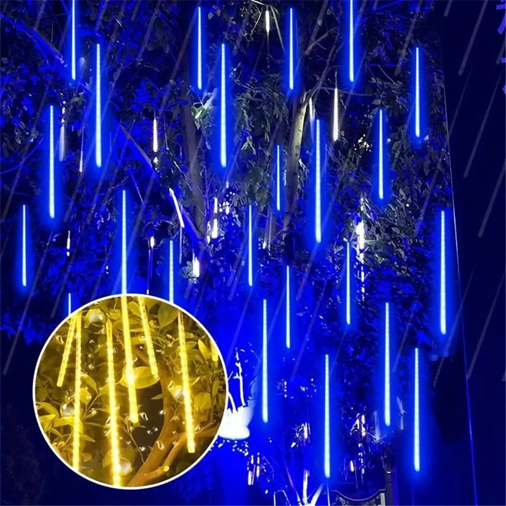 Luces de lluvia de meteoritos, 8 tubos, 30/50cm, enchufe europeo/estadounidense, luz de lluvia que cae, colgantes para árboles de Navidad, decoración de Halloween, porche y Patio