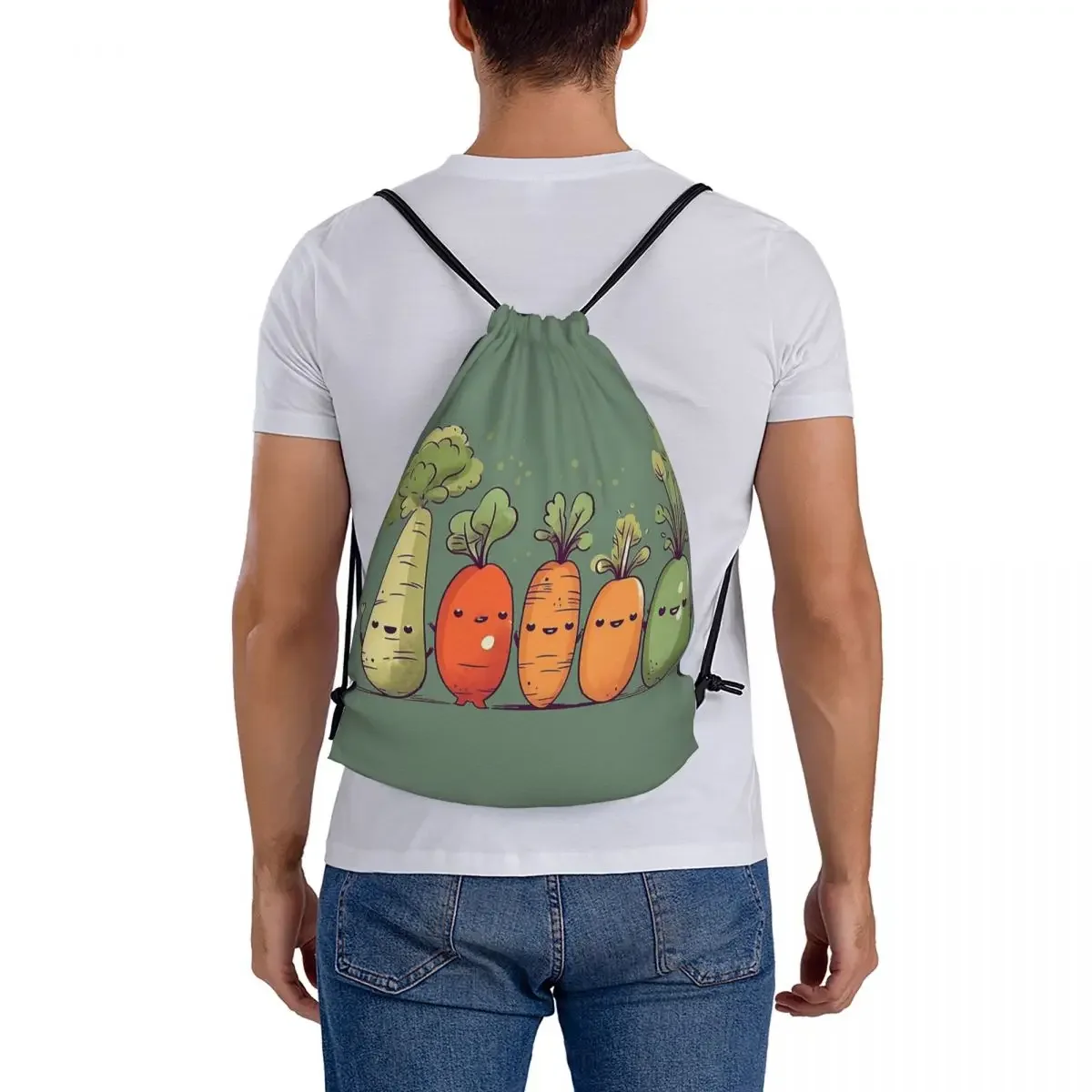 Happy Veggies Backpacks Casual Portable Drawstring Bags Drawstring Bundle Pocket Storage Bag BookBag For Travel Students