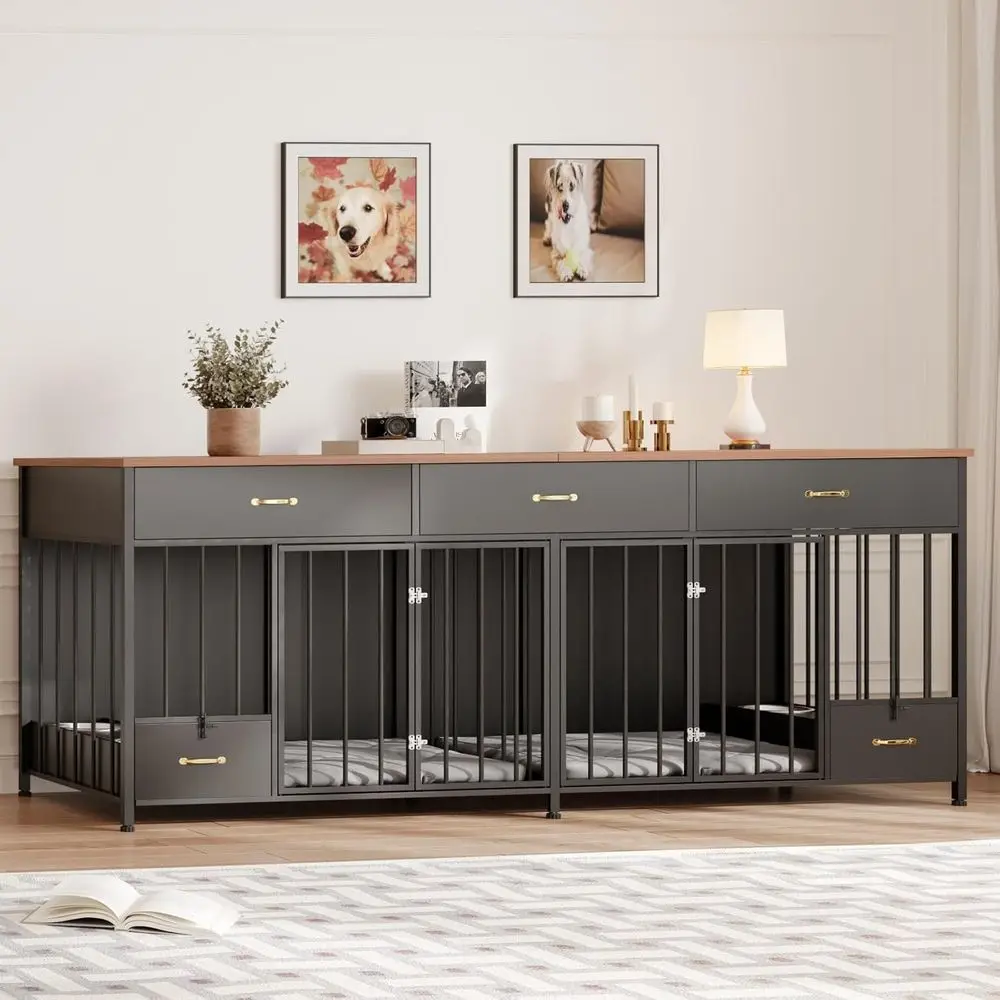 

Большой деревянный ящик для собак с кормушкой, мебель для питомника 91,5, 3 ящиками и мисками, двойная подставка для собачьего ящика, подходит для малого и большого размера