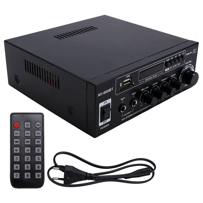 AV-660BT Bluetooth Sound Amplifier Power Amplifier Support Bluetooth, FM Radio, USB, SD Card & Dual Mic Inputs EU PLUG