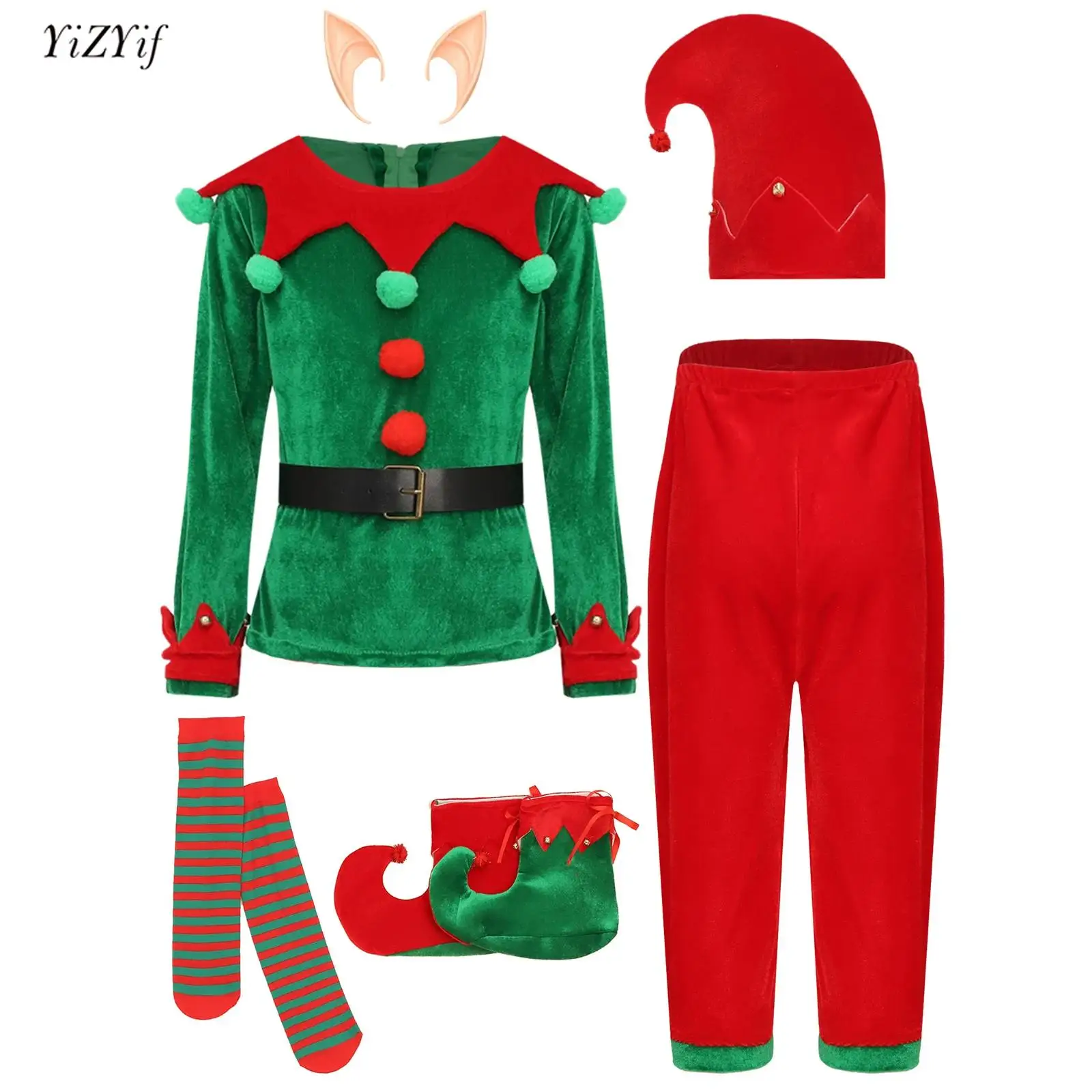 

7Pcs Christmas Elf Cosplay Costumes Outfit for Girls Boys Shirt Top+Pants+Hat+Silicone Elf Ears+Belt+Stockings+Shoes Covers Set