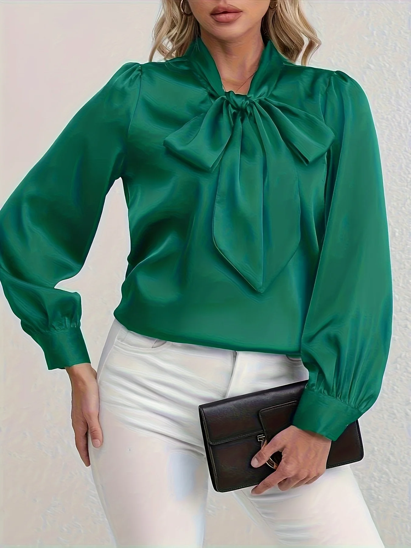 Smaragdgrünes Hemd mit Satinschleife und großem Schleifendesign, lange Ärmel, eleganter Business-Casual-Stil – Detail 1
