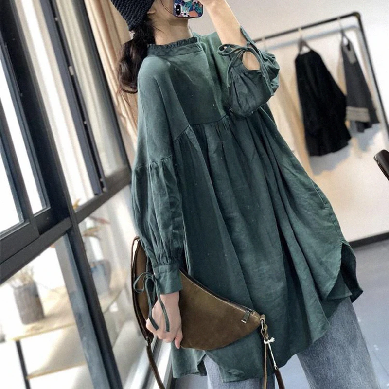 

Loose Cotton Linen irt Women's Artistic Oversize Mid-Length T Top Korean Slew Commute Pure Color Button up Lantern Svi XQ378