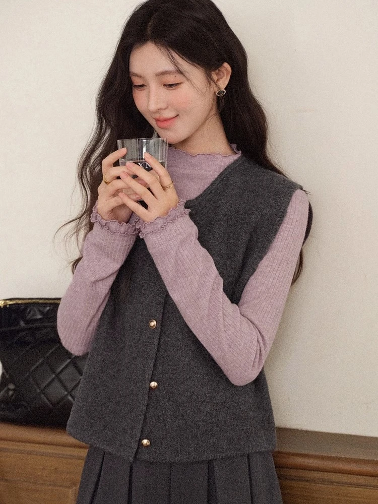 ALXNAN グレーベストレトロゴールドボタン付きルーズフィットレイヤリングノースリーブベスト女性の秋冬多用途レディース服 L58138