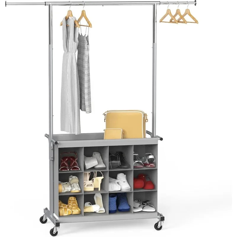 Garment Rack with Extensible Haning Rod and 16 Shoes Organizer, Grey