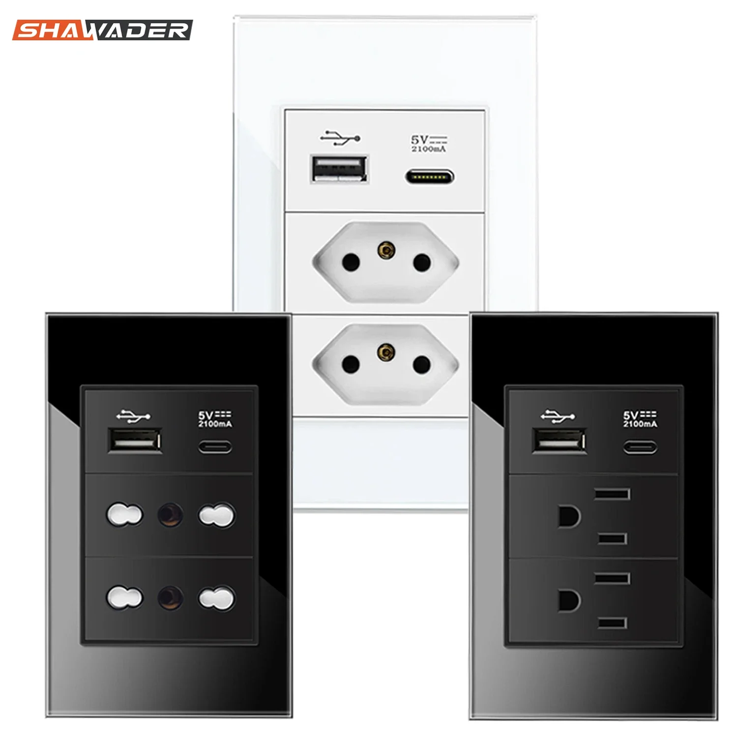 Shawader US/Italy/Chile/20A Brazil Plug Wall Sockets USB Type C Outlets Pressure Switch Plastic/Tempered Glass Panel Home Office