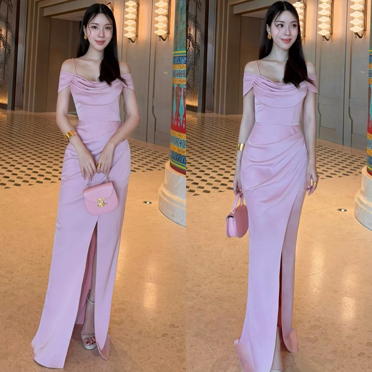 Gaun Pesta Satin Lavender Kustom Gaun Malam Berkualitas Tinggi Gaun Selebriti Celah Samping Tali Spaghetti Tanpa Tali Modern