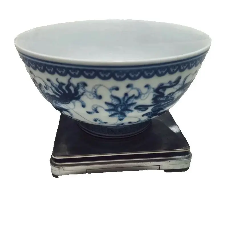 

Chinese Old Porcelain Blue White Double Dragon Playing Pearl Patterned Bowl Antique Decorative Kitchenware Collectible Dish