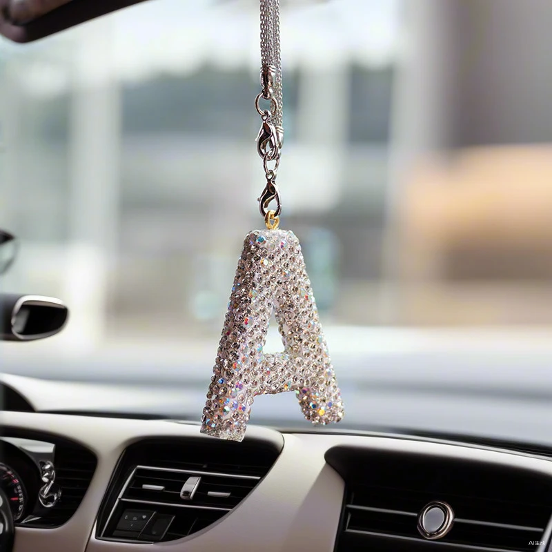 New 1PC Rhinestone Letter Car Rearview Mirror Pendant Crystal Car Decoration Bling Accessory Dangling Creative Shiny Charm