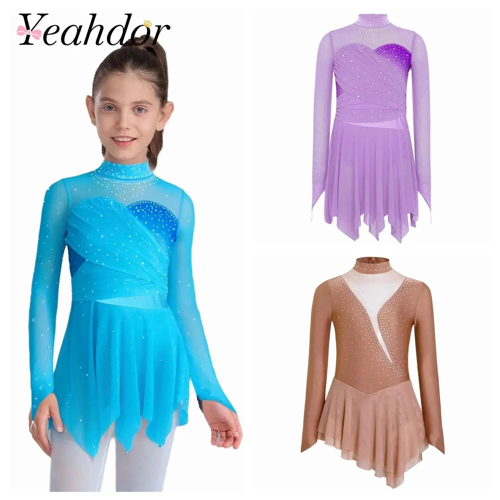

Kids Girls Mesh Ballet Dress Lyrical Dance Costume Modern Contemporary Dress Children Rhinestones Figure Skating Dancewear