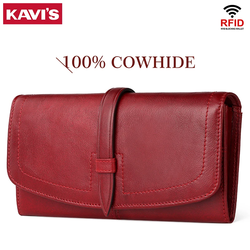 KAVIS Wallets for Women Genuine Leather Purse RFID Card Holder with ID Window Fashion Dollar Price Long Clutch Cell Phone Pocket