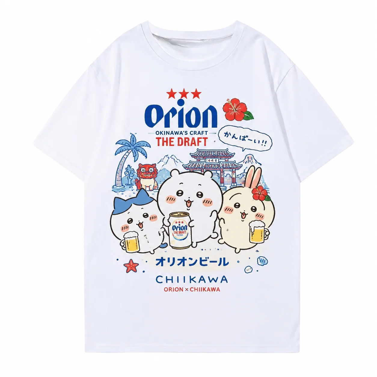 Kawaii Anime Sommerurlaub Ästhetik Chiikawa Orion Bier Okinawa Kollaborations-Print Baumwolle Herren Damen Universelles Rundhals-T-Shirt – Detail 4