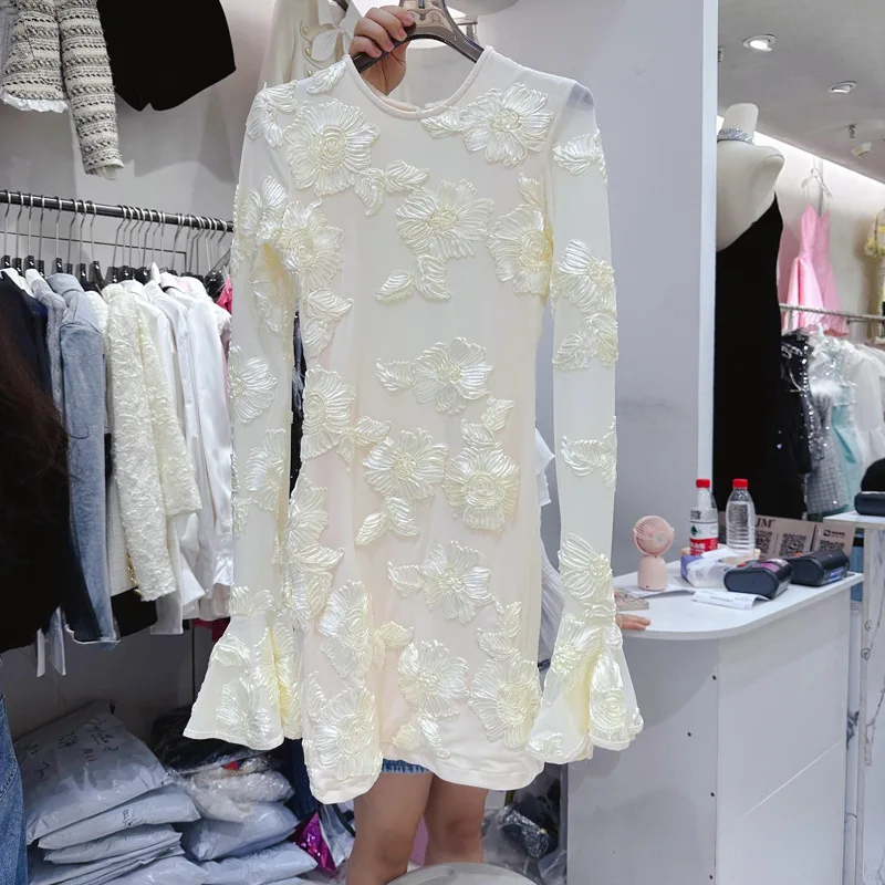 2024 Winter New Collection Long Flare Sleeve Embroidered Floral Back Hollow Out Beige Short Dress Women