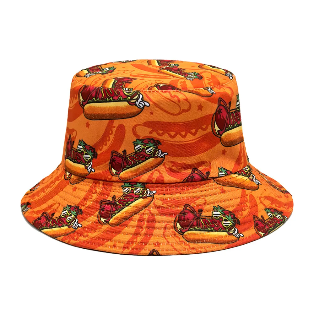 Orange Funny Hot Dog Print Panama Unisex Summer Outdoor Sunscreen Bucket Hat for Women Men Fashion Anti-Sun Fisherman Cap Hiphop