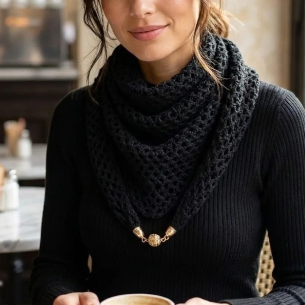 Cozy Hollow Knit Magnetic Clasp Neck Scarf Soft Triangle Neck Warmer Polyester Warm Neck Wrap Gift