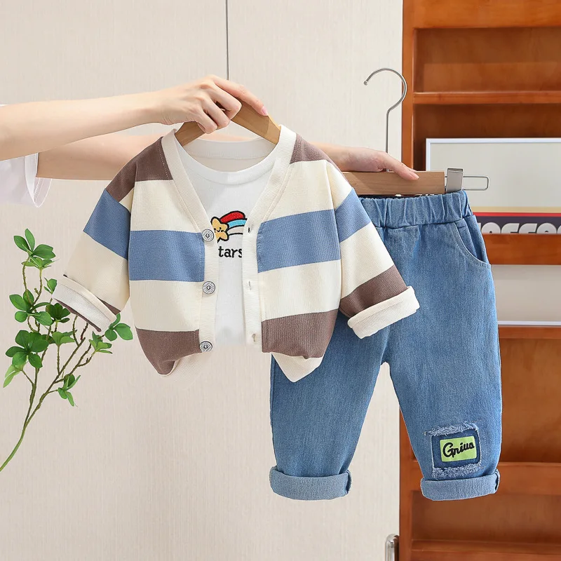 

2023 Autumn Baby Boys Clothing Sets Children Stripe Coats T Shirt Jeans 3 Pcs Outfits Toddler Kids Costume Suits Infant Clothes