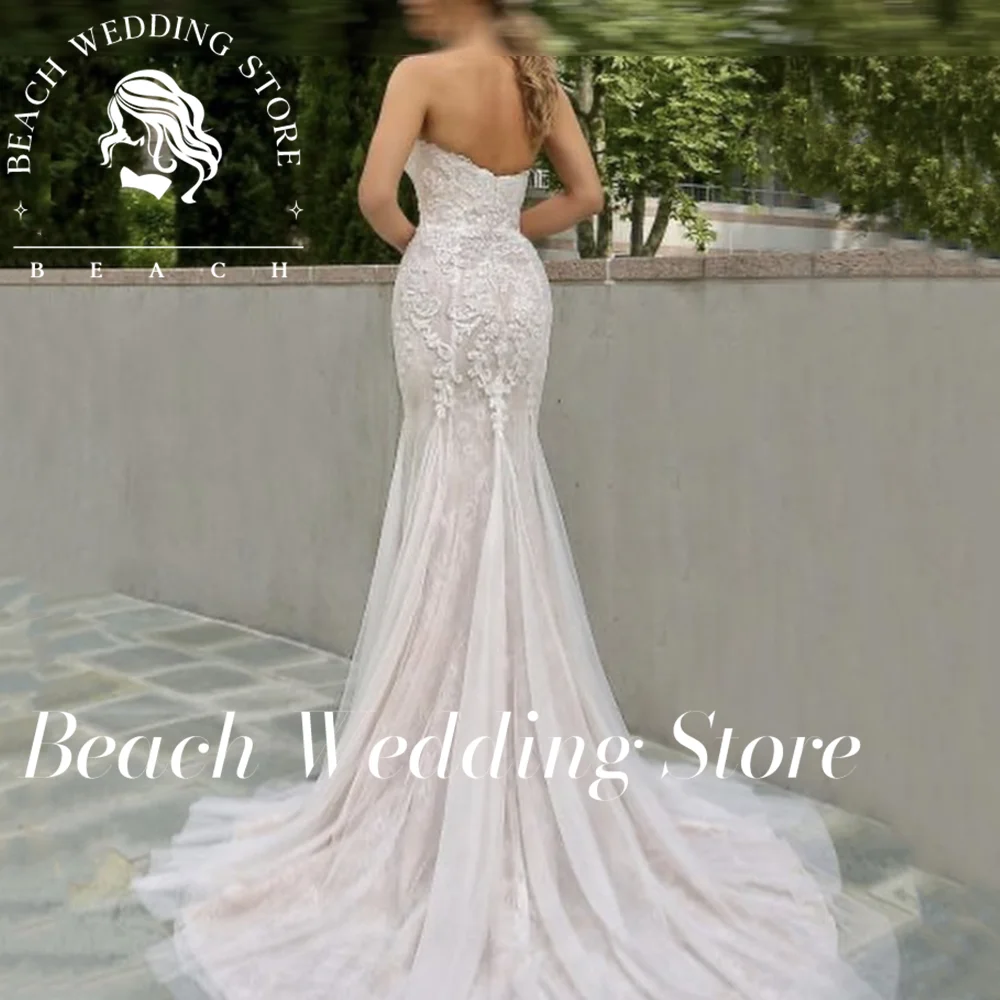 Praia personalizado vestido de casamento sereia querida sem mangas sem costas rendas apliques elegante vestido de noiva vestidos de novia