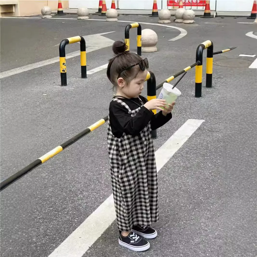 Girls Set 2025 Autumn New Korean Version Loose Checkered One-piece Wide Leg Overalls Black Base Shirt Two-piece Daily Set