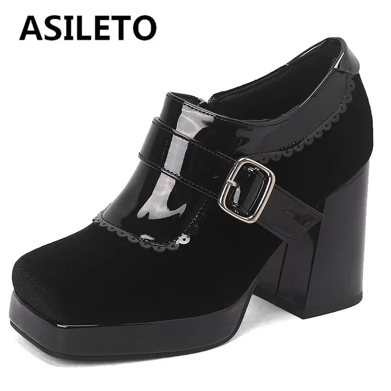 

ORCHA LISA Flock Suede Women Pumps Square Toe Chunky Heels 9.5cm Platform 2cm Zipper Belt Buckle Mixed Color Large Size 47 48 U