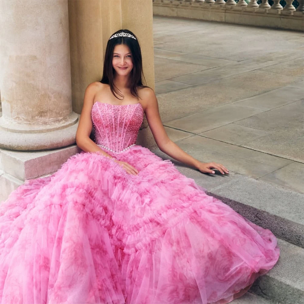 

Розовые вечерние платья-пэпы, роскошные, без бретелек, с бисером, без рукавов, плиссированные, для особых случаев, бальные платья принцессы, Vestidos 2026