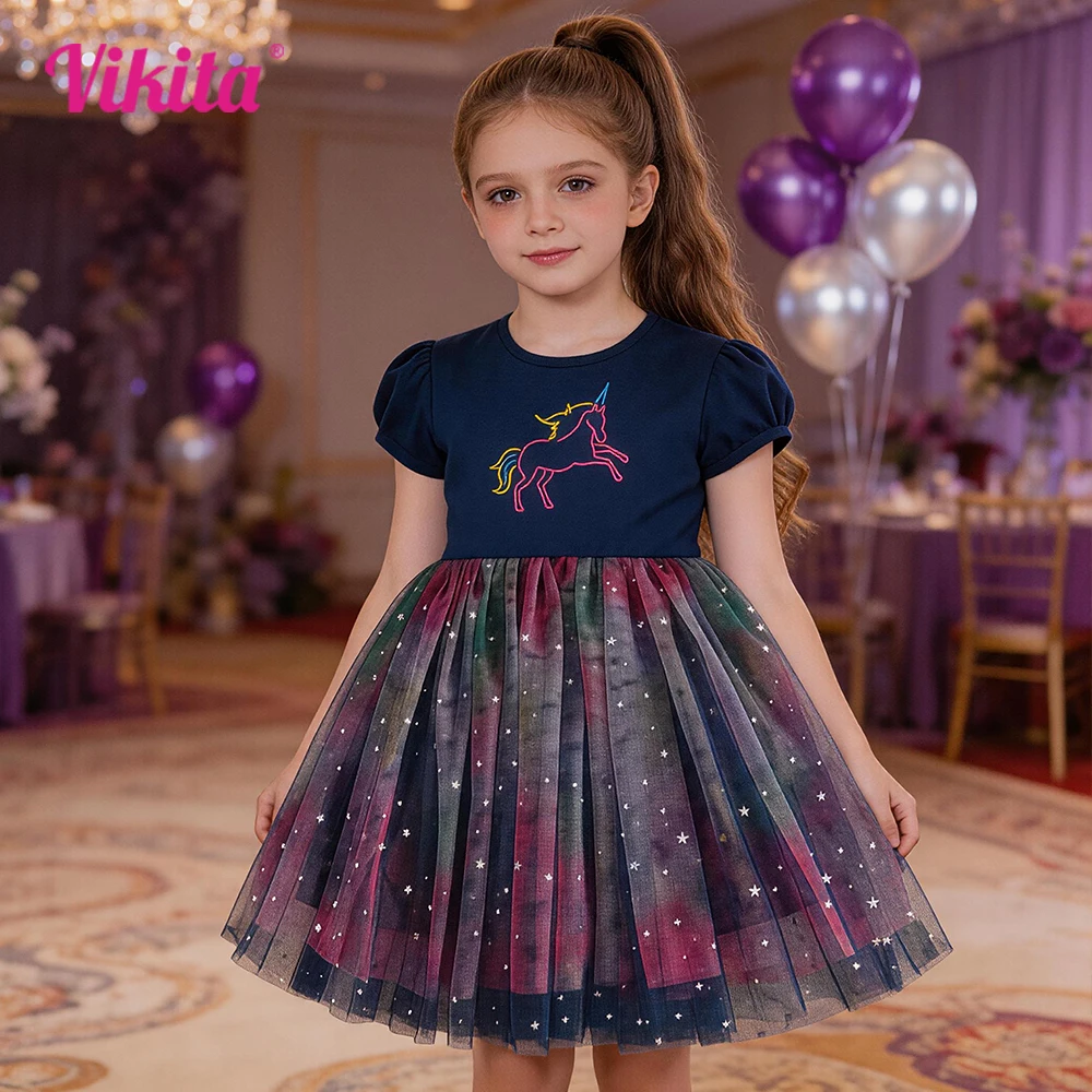 VIKITA Girls Galaxy Star Glitter Gradient Shiny Tulle Party Princess Tutu Dress Unicorn Embroidery Short Sleeve Summer Frocks