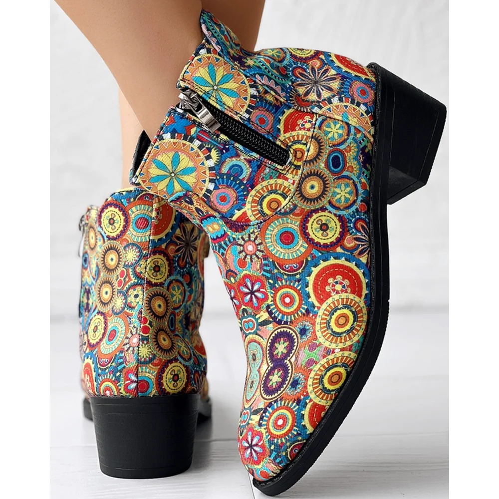 Autumn Winter Women Vintage Floral Tribal Pattern Zipper Back Turkey Ankle Boots Going Out Zipper Side Boots Fashion Footwear