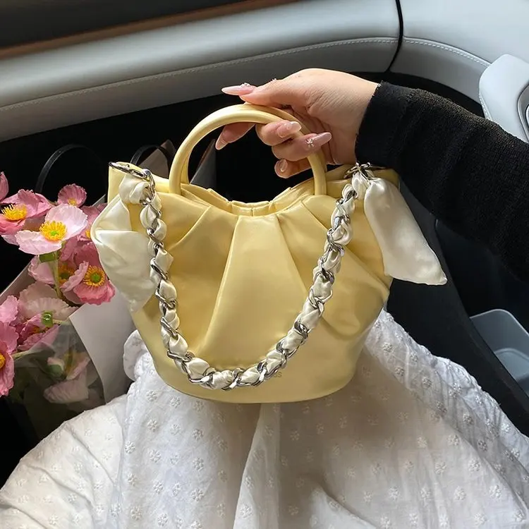 

Изысканная летняя новая женская сумка через плечо 2021, сумка-корзина для овощей, однотонная плиссированная сумка на цепочке