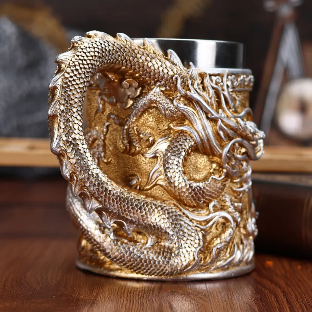 Jarra de Resina de Cobre Dorado con Diseño de Dragón de 600ML, Taza Medieval de Acero Inoxidable 304 para Té, Café o Cerveza, Color Cobre, Novedad para Fiestas y Bares