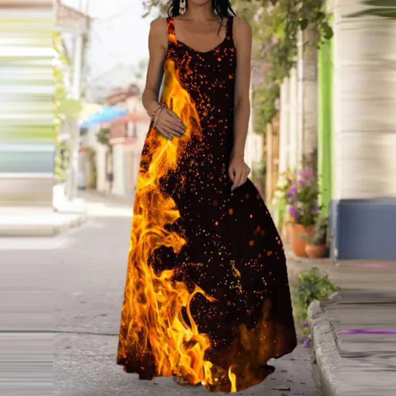 Women\'s Fashionable Flame Printed Sleeveless Dress  Summer Casual Printed Long Dress