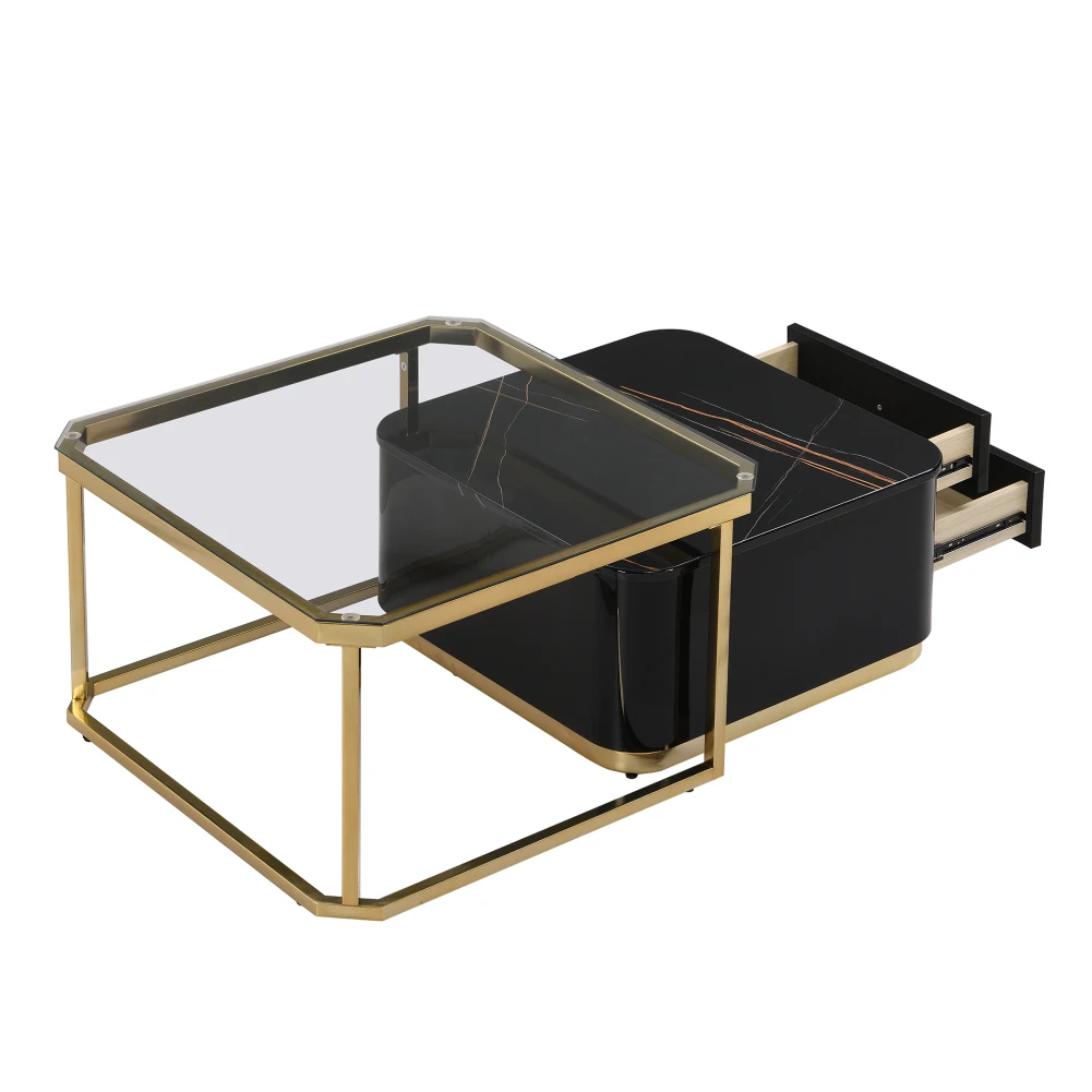 US 2 Pieces Square Nesting Coffee Table, Modern End Table, Side Tables With Tempered Glass Top And High Gloss Marble Veneer Top