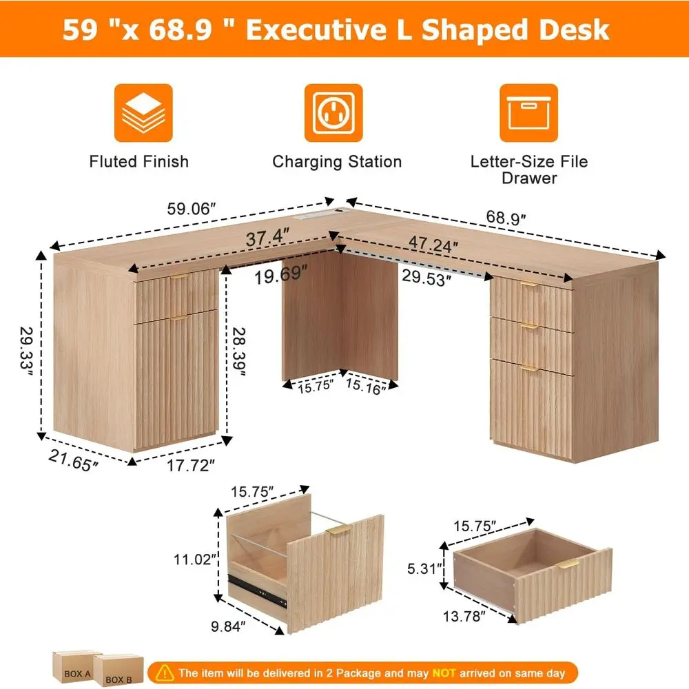 Large 69 Natural Oak L-Shaped Desk with Charging Station and Storage Cabinet for Home Office