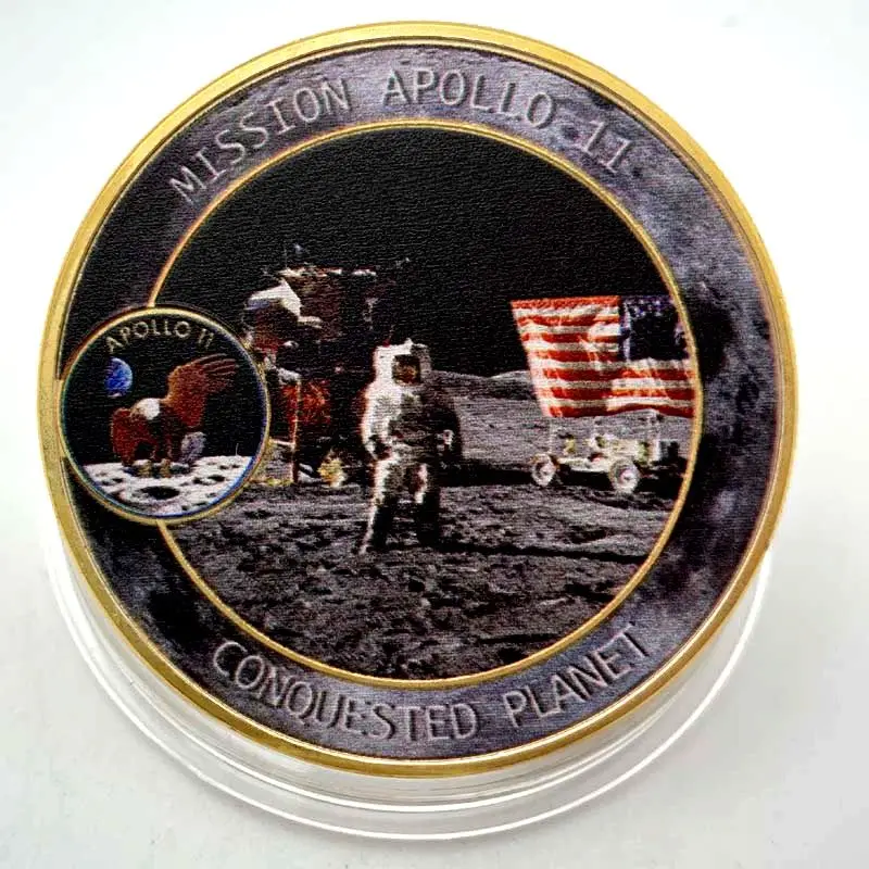 

Gold Plated Commemorative Coins of Apollo 11 Mission United States Color Printed Collection Coin Spacecraft Lunar Landing Medals