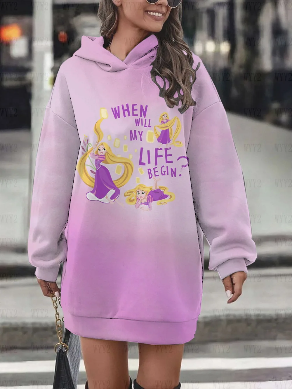 Nuevo Otoño e Invierno mujer Disney Rapunzel estampado vestido de fiesta de manga larga suéter vestido Casual Retro Sudadera con capucha