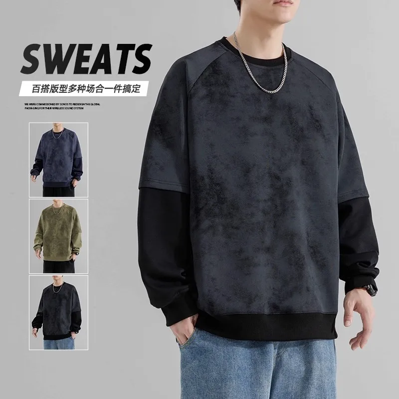 

Мужская толстовка с круглым вырезом в стиле пэчворк, осенняя одежда в стиле хип-хоп, модная однотонная уличная одежда 2025 года, мужская толстовка-худи, блуза, молетом мужской
