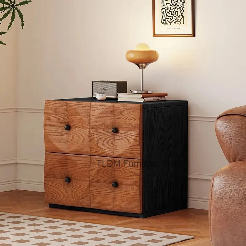 French Style Textured Panel Bedside Chest Round Knob Detail Contrast Frame Storage Cabinet for Bedroom Living Home Furniture