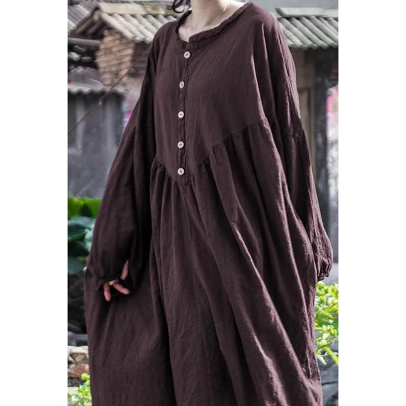 2023 Spring Autumn New Arts Style Women Long Sleeve Loose O-neck Dresses Vintage Cotton Linen Solid Long Dress Top quality P527