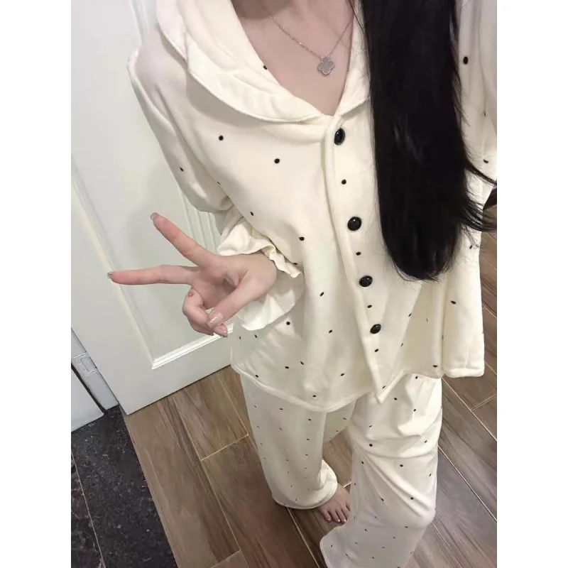 الإناث البولكا نقطة المخملية بيجامة من الصوف سترة السراويل ملابس خاصة الدافئة المرأة Homewear المتسكعون ربيع الخريف الشتاء بسيط