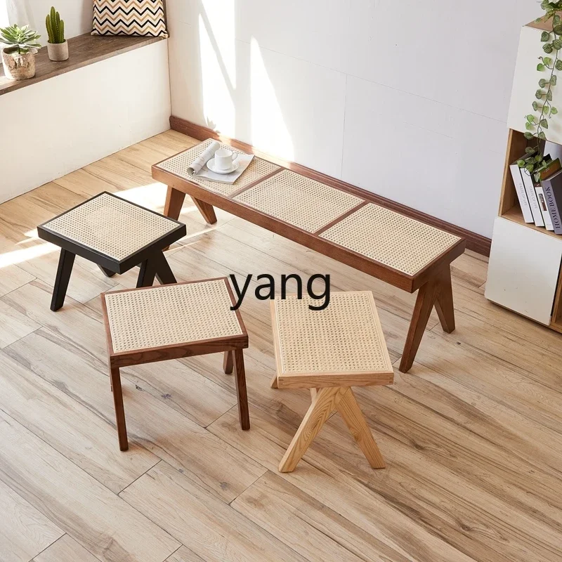 ZL solid wood rattan long bench household shoe stool tenon and mortise real rattan bed and breakfast chair