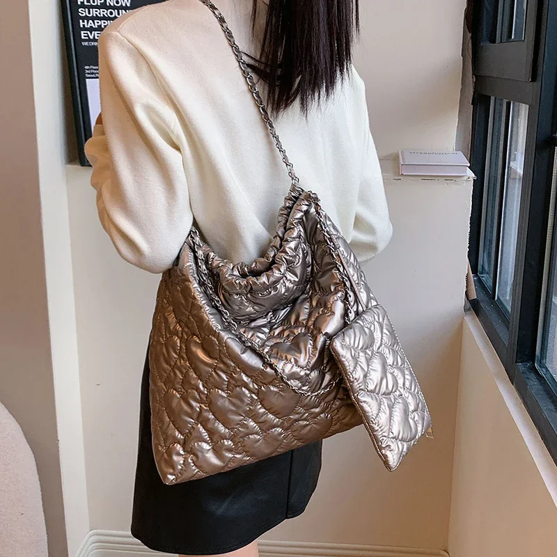 LEFTSIDE large Silver Shoulder Bag for Women 2023 Korean Fashion Y2K Designer Soft Hobo Bag Trends Winter Handbags and Purses