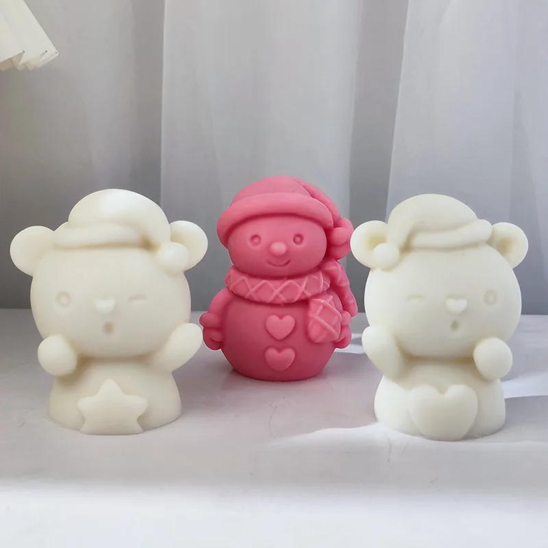 قالب راتينج السيليكون ثلاثي الأبعاد على شكل رجل ثلج مع قواطع على شكل قلب، قالب جص صابون شمعة قابل لإعادة الاستخدام يدويًا لعيد الميلاد ديكو