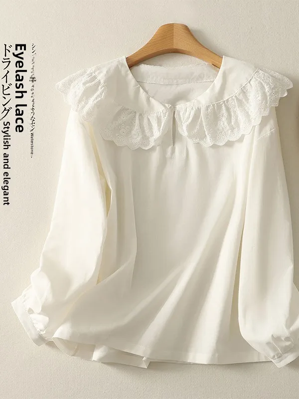 

Sweet Sle White Doll Collar irt Women's plus Size Spring Cotton Casual Loose Fit Long Sve Comfortable Inner Wear Top