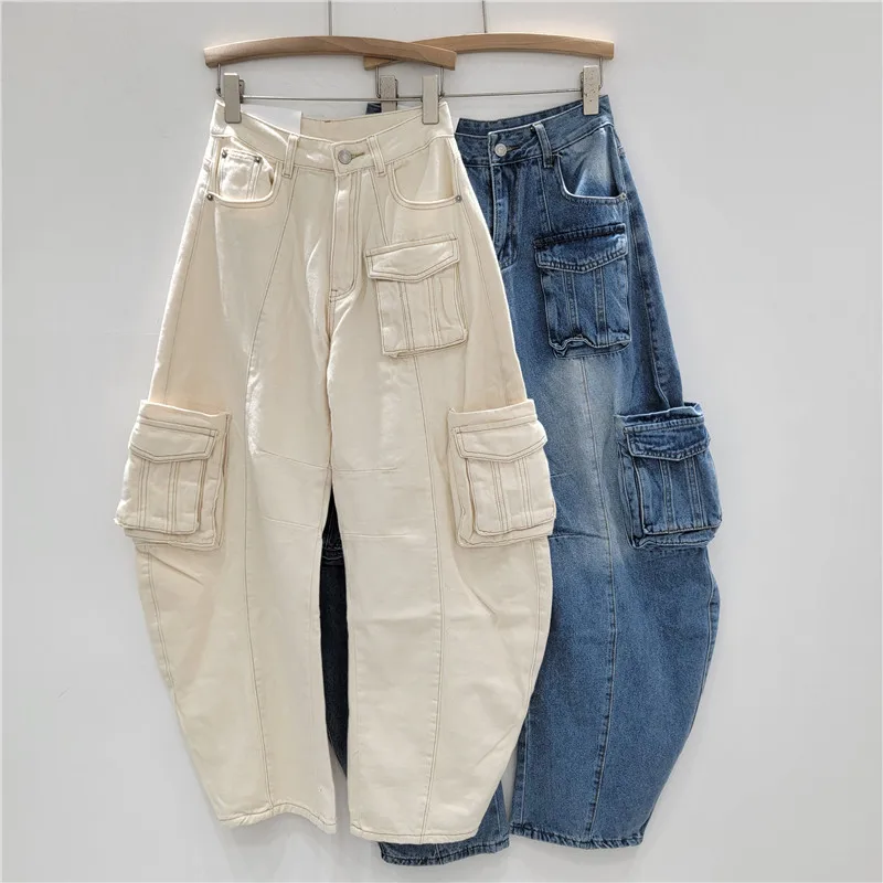 2025 Spring & Summer New Arrival Women's Wide-Leg Cargo Jeans - Loose Fit, Multi-Pocket & Curved Blade Design