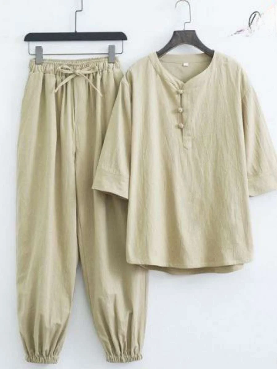 

Summer Cotton Linen Loose Fit ort Sve Long Pants Men's Thin Sle f Sve Casual mid Sve Youth Ensemble