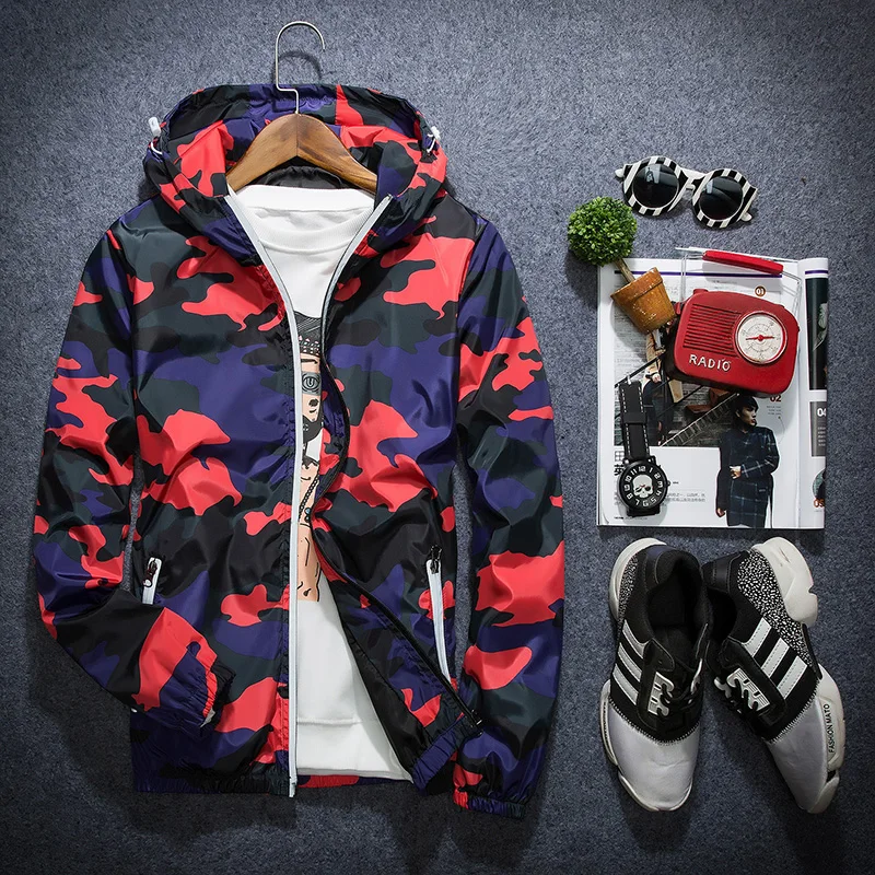 

Massgorule Male Spring Autumn Camouflage Jacket Men's Casual Loose Hooded Hat Zipper Windbreaker Fashion Print Windproof Coat