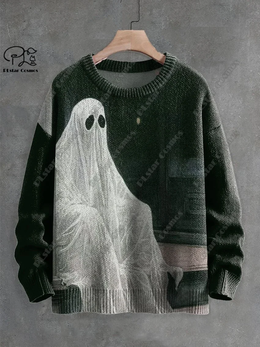 3D Printing Halloween Custom Series Horror Ghost Skull Witch Black Cat Pattern Ugly Sweater Street Casual Winter Sweatshirt W-8