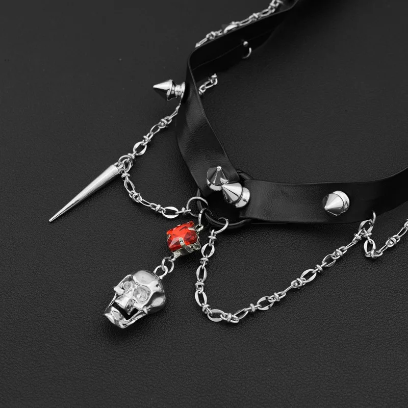 قلادة جلدية على شكل جمجمة داكنة، Y2K قلادة بانك شديدة التحمل ثقافة فرعية سلسلة الترقوة الحلوة المسامير القوطي نمط الشارع مجوهرات الرقبة #5