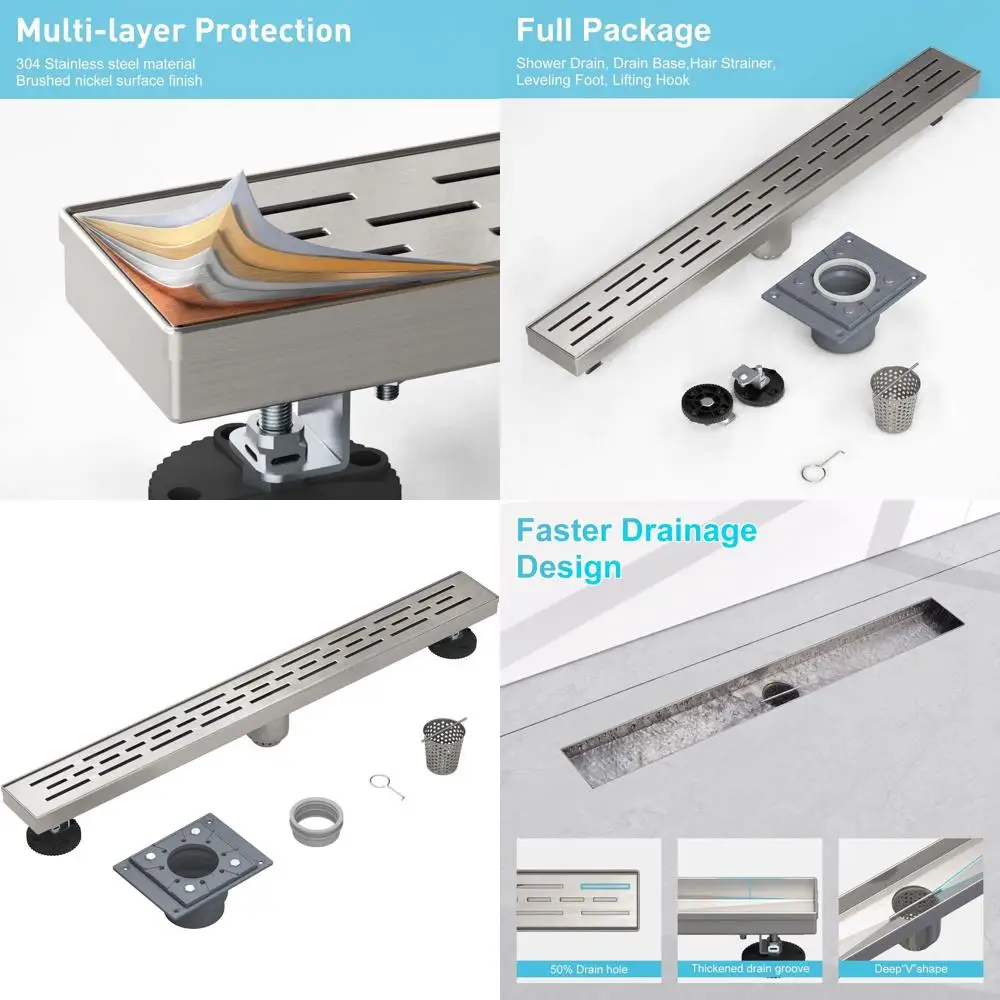 

36 Linear Shower Drain with Removable Quadrato Grate, 304 Stainless, CUPC Certified, Hair Strainer & Leveling Feet