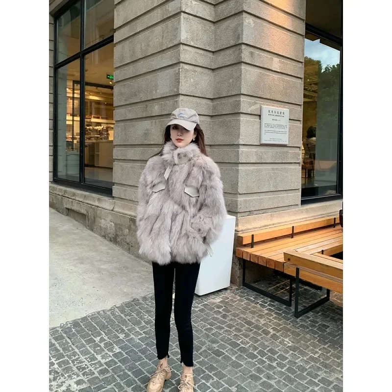 Female Coat 2024 New Imitation fox fur Environmentally Friendly fur Women Coat Short Leather Buckle Warm Loose Thick Furry Coat
